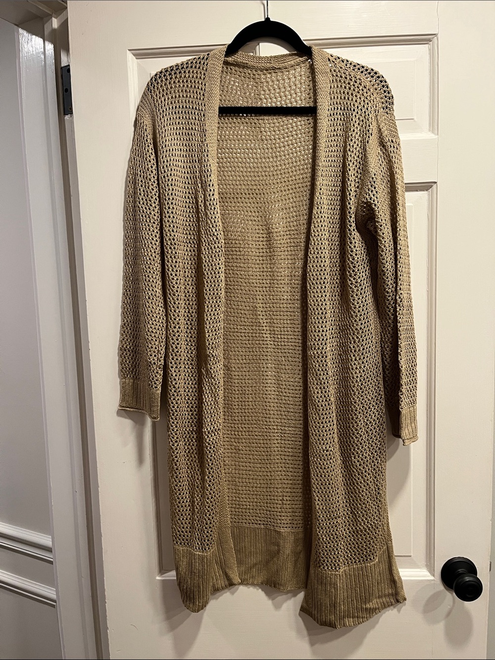 Lightweight Open-Front 3/4 sleeve Longline Knit Cardigan with side slits - Beige